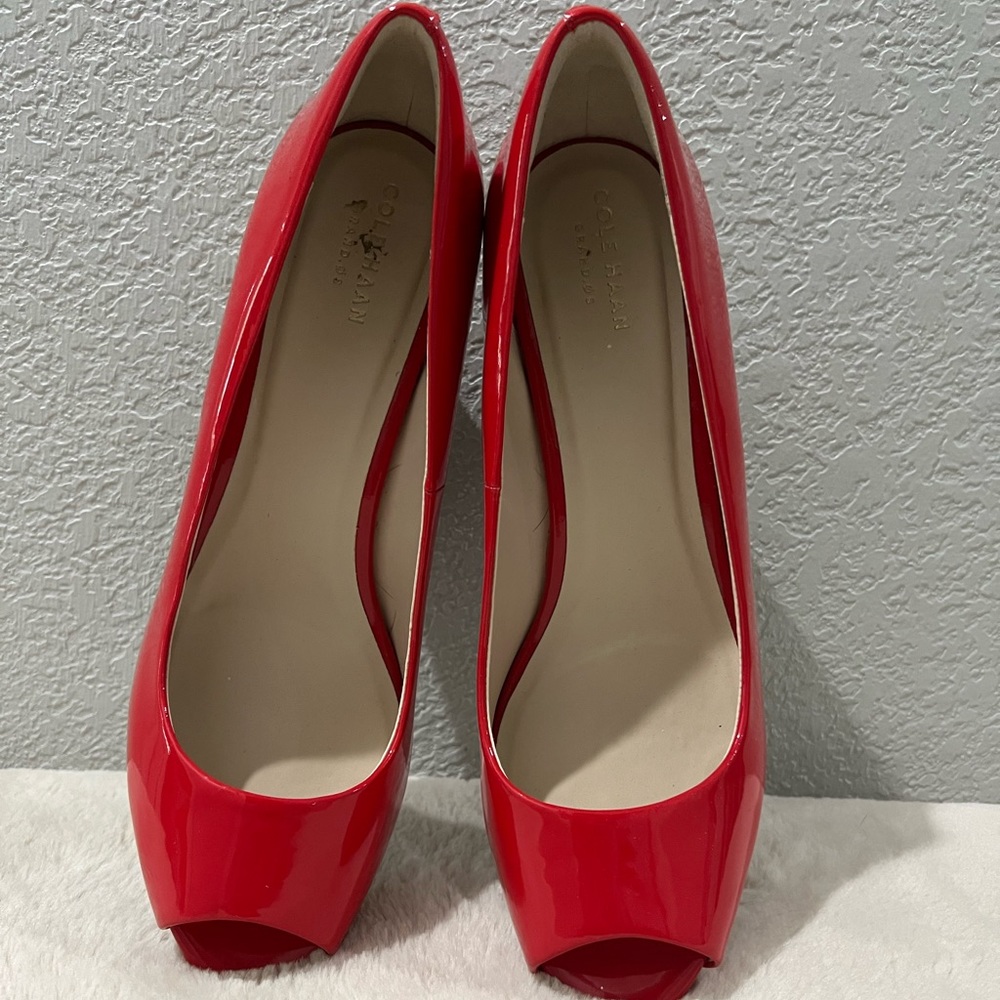Cole Haan Red Patent Peep-Toe Wedge Pumps - Picture 5 of 8